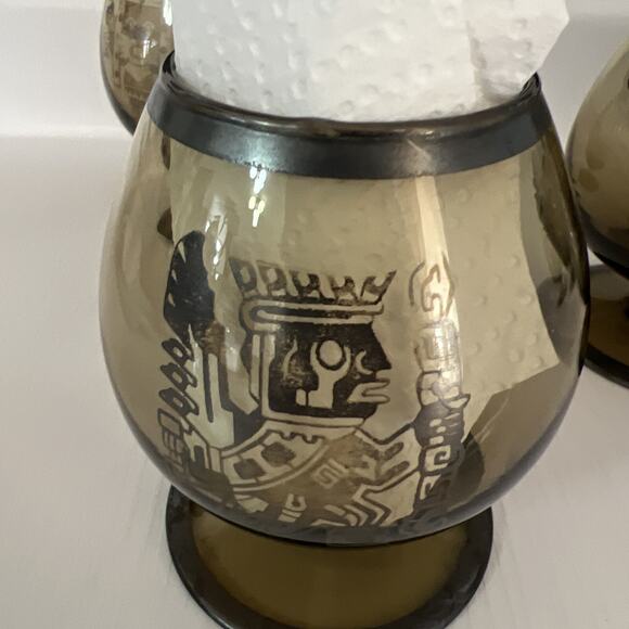6 Vtg Smoked Smoke Glass Glasses Snifter Brandy Scotch Cognac Bar Peru Mayan - Picture 13 of 16